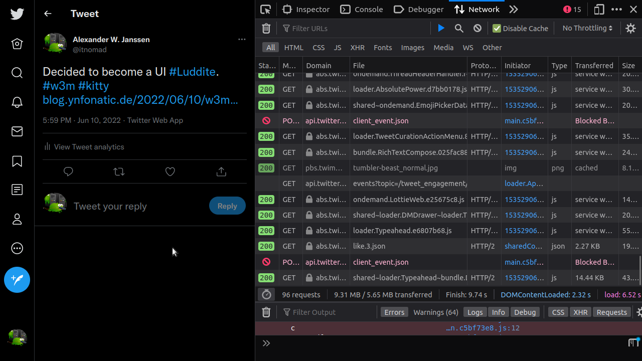 Screenshot of tweet on Twitter, network tab in Firefox Web Developer
Tools